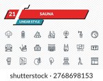 sauna icons set - steam jet, sauna temperature, hideaway, warming-up time, infrared heat cabin outline vector collection.