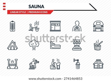 sauna icons set - sauna temperature, earth sauna, hideaway, smoke yurt outline vector collection.