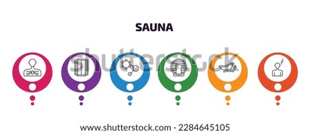 sauna infographic template with icons and 6 step or option. sauna icons such as arterioles, infrared heat cabin, hormones, hideaway, private spa, body heat gain vector. can be used for banner, info Stock photo © 