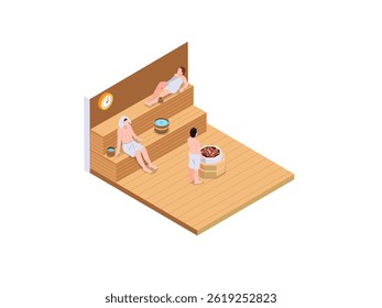 sauna interior with three individuals relaxing on wooden benches 3d isometric vector