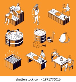 Sauna isometric icons set drawing in thin lines on orange background isolated vector illustration