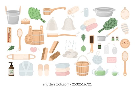 Sauna items set in cartoon flat style. Spa, hammam icons, hand drawn design elements.