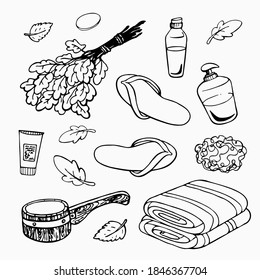 Sauna items, slippers, essential oil, soap, birch whisk, set for sauna and bath