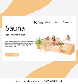 Sauna landing page, steam and water relax. Vector therapy in warm room, people rest wooden bench cartoon illustration