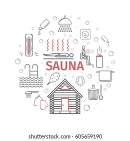 Sauna. Line banner. Vector signs for web graphics.