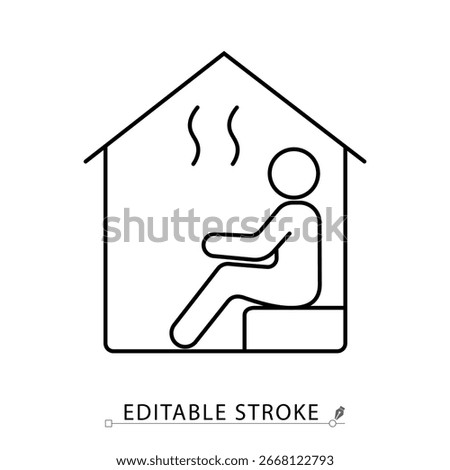 Sauna line icon with editable stroke. Vector outline symbol of relaxation in steam room with person sitting inside house. Minimalist wellness, spa, hot bath, heat therapy and leisure concept.