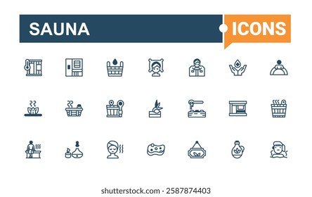 Sauna linear icon collection. Includes thin line relax, aromatherapy, sauna hat, wood, massage spa, essential oil, pool and more. Web icons. Minimalist editable vector stroke.