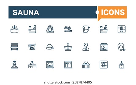 Sauna linear icon collection. Includes thin line relax, aromatherapy, sauna hat, wood, massage spa, essential oil, pool and more. Web icons. Minimalist editable vector stroke.