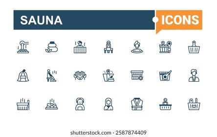 Sauna linear icon collection. Includes thin line relax, aromatherapy, sauna hat, wood, massage spa, essential oil, pool and more. Web icons. Minimalist editable vector stroke.