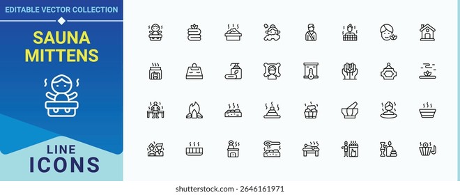 Sauna Mittens icon set. Contain linear sign therapy, steam, bath, care, massage, relaxation, steam room and more. Sauna modern icon set. Outline icons in linear style. Art and illustration.