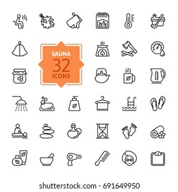 Sauna - outline web icon set, vector, thin line icons collection