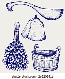 Sauna ready accessories - broom, bucket, hat and scoop. Doodle style