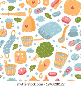 Sauna Russian Banya Cute Seamless Vector Pattern