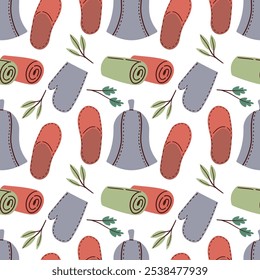 Sauna seamless pattern. Finnish bathhouse tools, cartoon spa wellness equipment. Cozy elements fabric print design, flat vector background