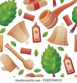 Sauna seamless pattern. Relax wellness spa center element, green broom for steam room, soap, brush. Print for fabric, wallpaper design, nowaday vector background