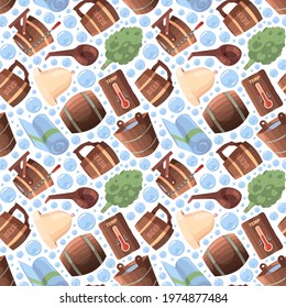 Sauna seamless. Spa relax russian sauna items textile design objects garish vector pattern in cartoon style