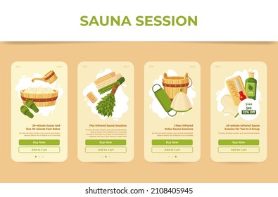 Sauna session promo landing page collection vertical internet poster vector flat illustration. Set online service hygienic hot procedure advertising broom, basin, towel, steam. SPA center promotion