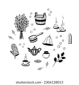 Sauna set. Bath handicrafts. Graphic sketch set isolated. Sink, ladle, tea, mittens, broom, stones, hat, soap bubbles. Linear doodle graphic design. Black and white image. Vector art illustration.