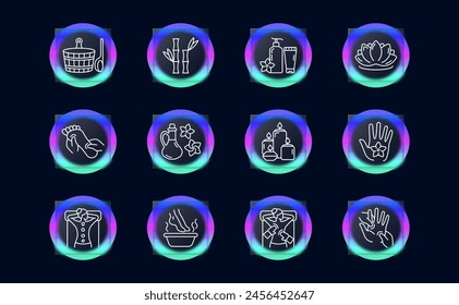 Sauna set icon. Basin with ladle, bamboo, creams and balms, lotus, unity with nature, flower, lighting, candle aroma, feet, foot, arm, back massage, glassmorphism, stone therapy. Relaxation concept.