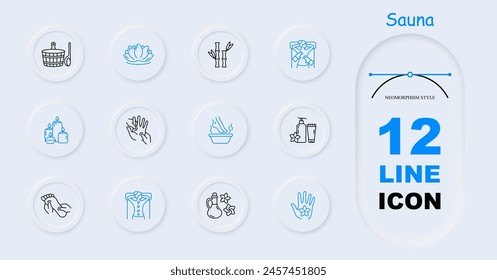 Sauna set icon. Basin with ladle, bamboo, creams and balms, lotus, unity with nature, flower, lighting, candle aroma, feet, foot, arm, back massage, neomorphism, stone therapy. Relaxation concept.