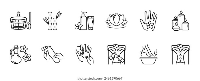 Sauna set icon. Basin with ladle, bamboo, creams and balms, lotus, unity with nature, flower, lighting, candle aroma, feet, foot, arm, back massage, warm water, stone therapy. Relaxation concept.