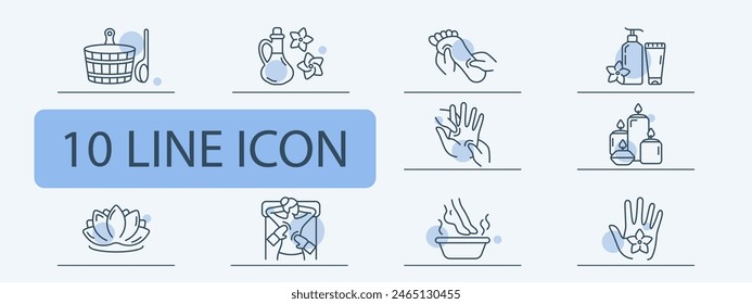 Sauna set icon. Basin with ladle, bamboo, creams and balms, lotus, unity with nature, flower, lighting, candle aroma, feet, foot, arm, back massage, warm water, stone therapy. Relaxation concept.