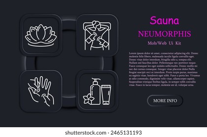 Sauna set icon. Creams and balms, lotus, unity with nature, flower, lighting, candle aroma, neomorphism, arm, back massage, warm water, stone therapy. Relaxation concept.