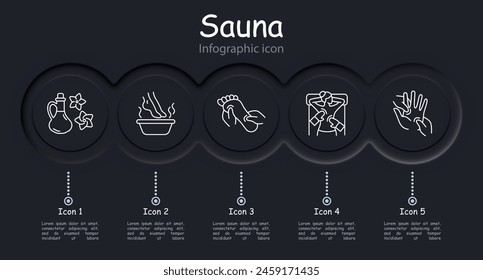 Sauna set icon. Infographic, creams and balms, lotus, unity with nature, flower, neomorphism, candle aroma, feet, foot, arm, back massage, warm water, stone therapy. Relaxation concept.