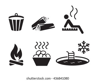 Sauna set: simple, black icons on a white background