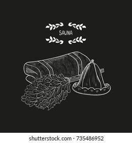 Sauna. Set. Towel, hat, broom. Sketch. White pattern on a black background