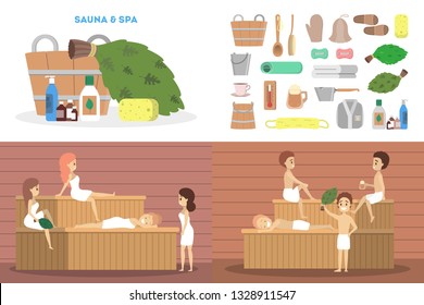Sauna set. Wooden bathhouse. Spa and relax procedure. Different tool for sauna. Smiling people. Isolated flat vector illustration