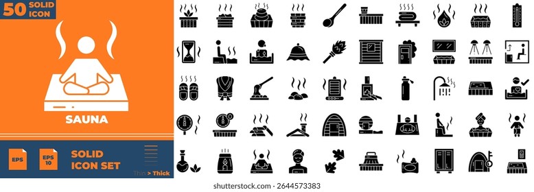 Sauna Solid Editable Icons set. Vector illustration in modern thin solid style of sauna icons: steam, wood baptistery, massage, etc