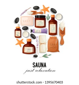 Sauna and spa banner vector illustration. Realistic plastic containers bottles, tubes and jars for cream, body lotion, shampoo and soap, milk and gel. Bath accessories and supplies.