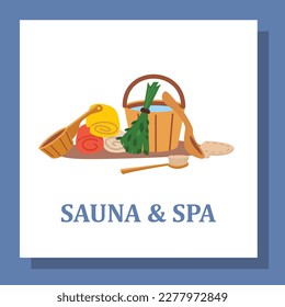 Sauna und SPA Körper Prozeduren Banner oder Poster Design flache Vektorgrafik. Heiße Dampfsauna Wellness Kurort, Relax und Badekur Behandlung.