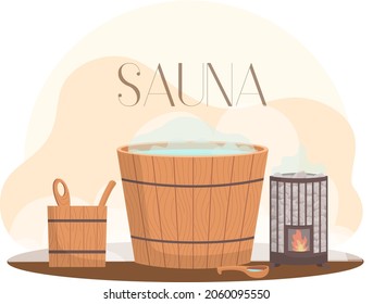 Sauna or SPA center banner template with bathhouse tools bucket, bath broom, wooden bench. Cartoon vector for advertising. Accessories for relaxation in steam banya or hot sauna, wellness procedure