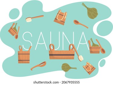 Sauna or SPA center banner template with bathhouse tools bucket, bath broom, soap, towels, thermometer, slippers. Cartoon vector for advertising. Accessories for relaxation in steam banya or hot sauna