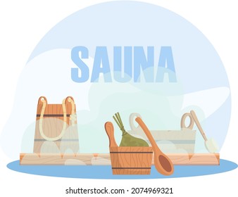 Sauna or SPA center banner template with bathhouse tools bucket, bath broom, wooden bench. Cartoon vector for advertising. Accessories for relaxation in steam banya or hot sauna, wellness procedure