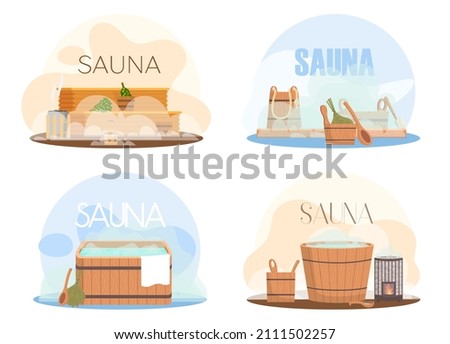 Sauna or SPA center banner template with bathhouse tools bucket, bath broom, wooden bench. Cartoon vector for advertising. Accessories for relaxation in steam banya or hot sauna, wellness procedure