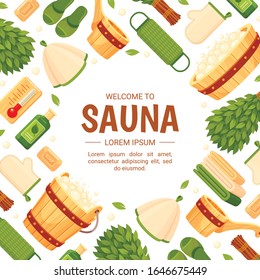 Sauna oder SPA Zentrum Square Banner-Vorlage mit Rahmen bestand aus Bade-Haus-Tools - Eimer, Badewanne, Seife, Handtücher, Thermometer, Hausschuhe. Cartoon bunter Vektorillustration Illustration für Werbung.