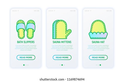 Sauna and spa equipment thin line icons set: bath slippers, sauna mittens, sauna hat. Modern vector illustration.