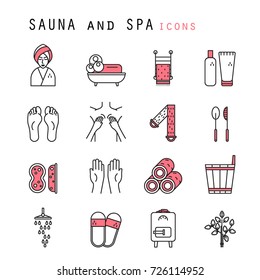 Sauna and spa icons set. Linear style. Set includes: oven, slippers, bathrobe, hands, feet, soap, washcloth, broom, tub, basin, shower.