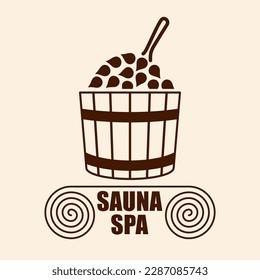 Logo del Sauna Spa. Procedimientos de curación y relajación en el baño o sauna de vapor caliente. Terapia de cuidados corporales. Ilustración del vector