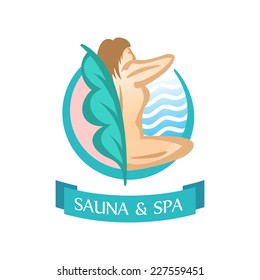 Sauna and SPA logo template. Sitting woman silhouette.
