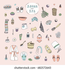 sauna and spa objects doodle vector illustrations set