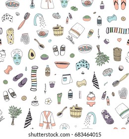sauna and spa objects doodle vector illustrations seamless pattern