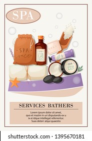 Sauna and spa poster vector illustration. Realistic plastic containers bottles, tubes and jars for cream, body lotion, shampoo and soap, milk and gel, sack with salt. Bath accessories.