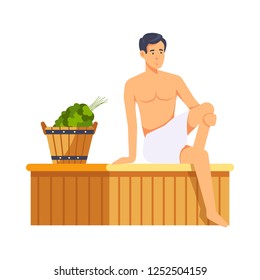 Sauna and spa procedures by women isolated vector. Relaxation body care and therapy, aromatherapy and wellness. Hygiene and regeneration with warm water and steam, people sitting on wooden bench