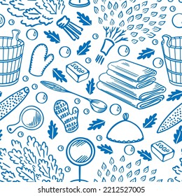Sauna and spa seamless pattern in doodle style. Bath accessories sketch. Blue drawing on a white background. Vector