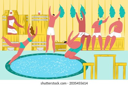 Sauna spa with steam, vector illustration. Hot relax procedure for body, man woman character in towel, wellness relaxation by heat.