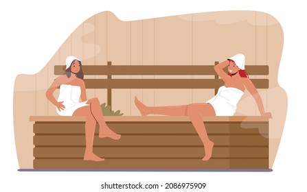 Procedimiento De Agua De Sauna Spa. Relajación, Terapia de Cuidados Corporales, Un Par de Mujeres Amigas envueltas en Toallas sentadas en un banco de madera en un baño de vapor, Bienestar de la Gente, Higiene. Ilustración del vector de dibujos animados